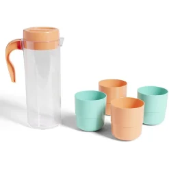 Pichet pique-nique avec 4 tasses plastique vert et orange Ø24xH8,5cm < Gifi Discount
