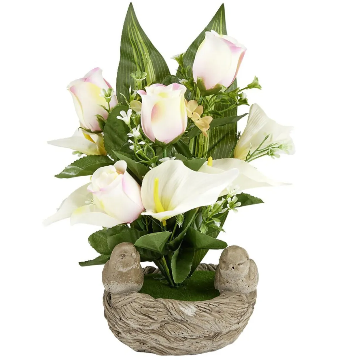 Pierre décor funéraire avec fleurs arum/rose et oiseau H26cm
