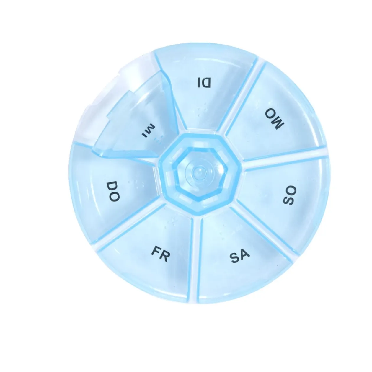 Pilulier 1 semaine 7 compartiments rond plastique bleu Ø8,5cm