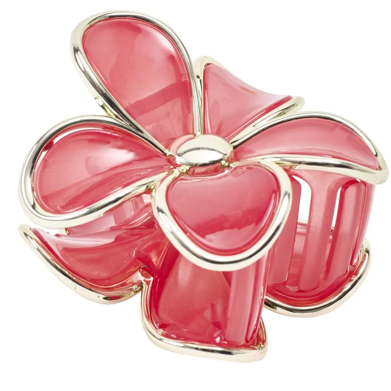 Pince cheveux fleur marguerite plastique rose contour métal doré L8cm