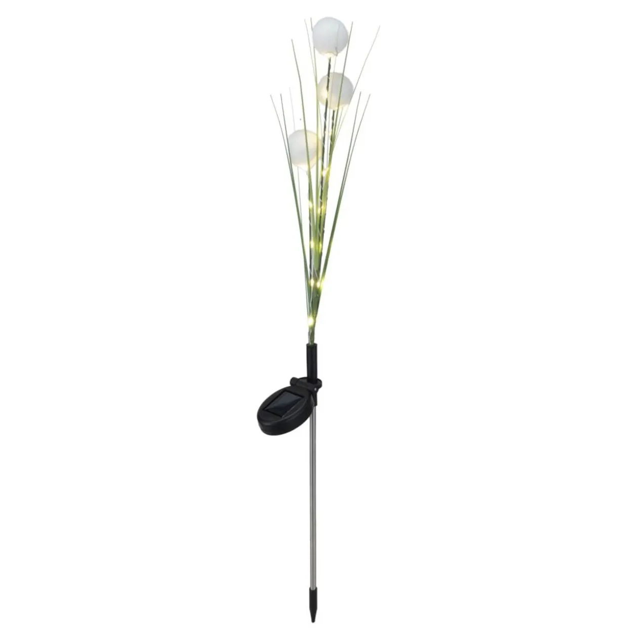 Piquet solaire tiges herbes avec pompons blancs 22LED blanc chaud H76cm