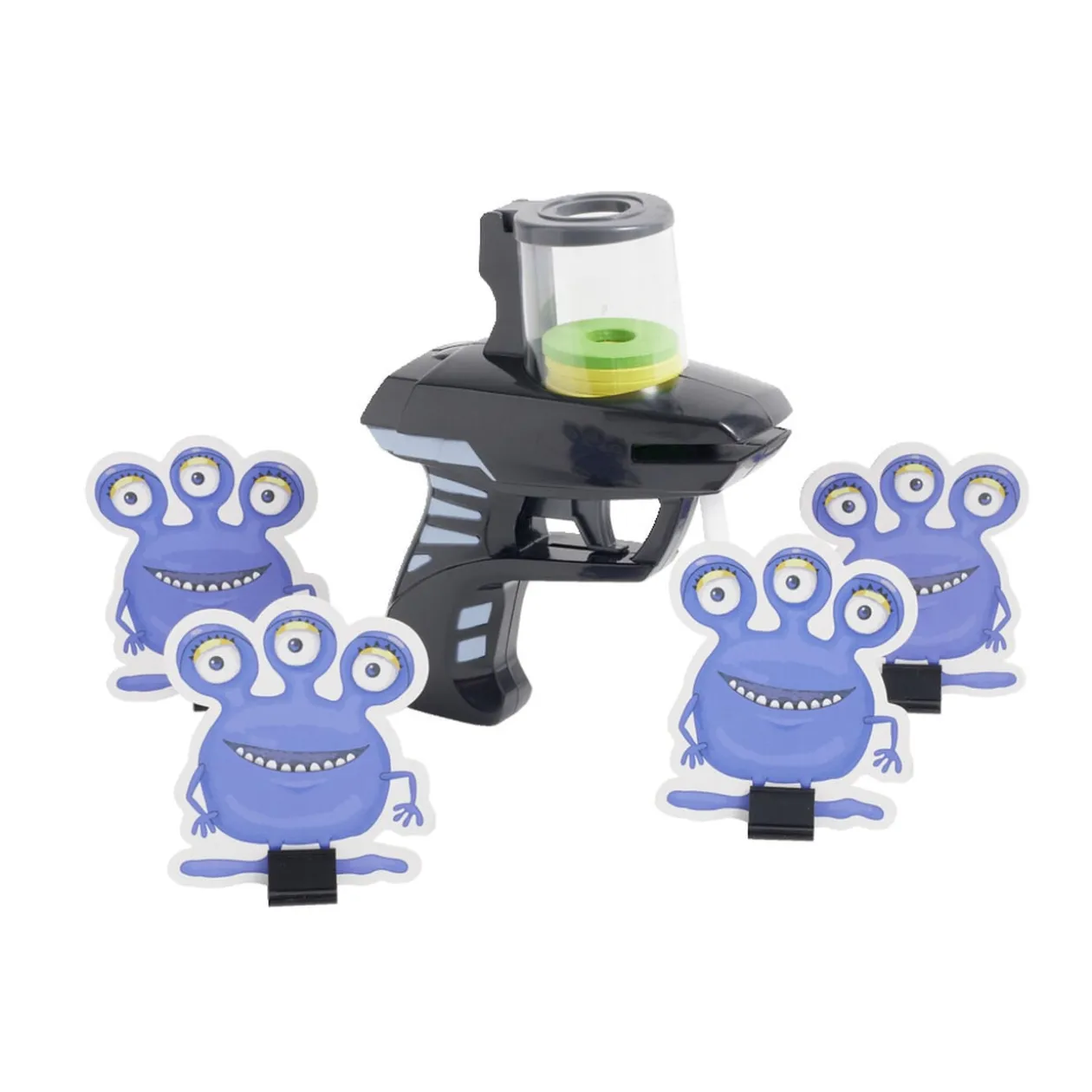 Pistolet tir rapide rondelle mousse x10 avec cible extraterrestre x4
