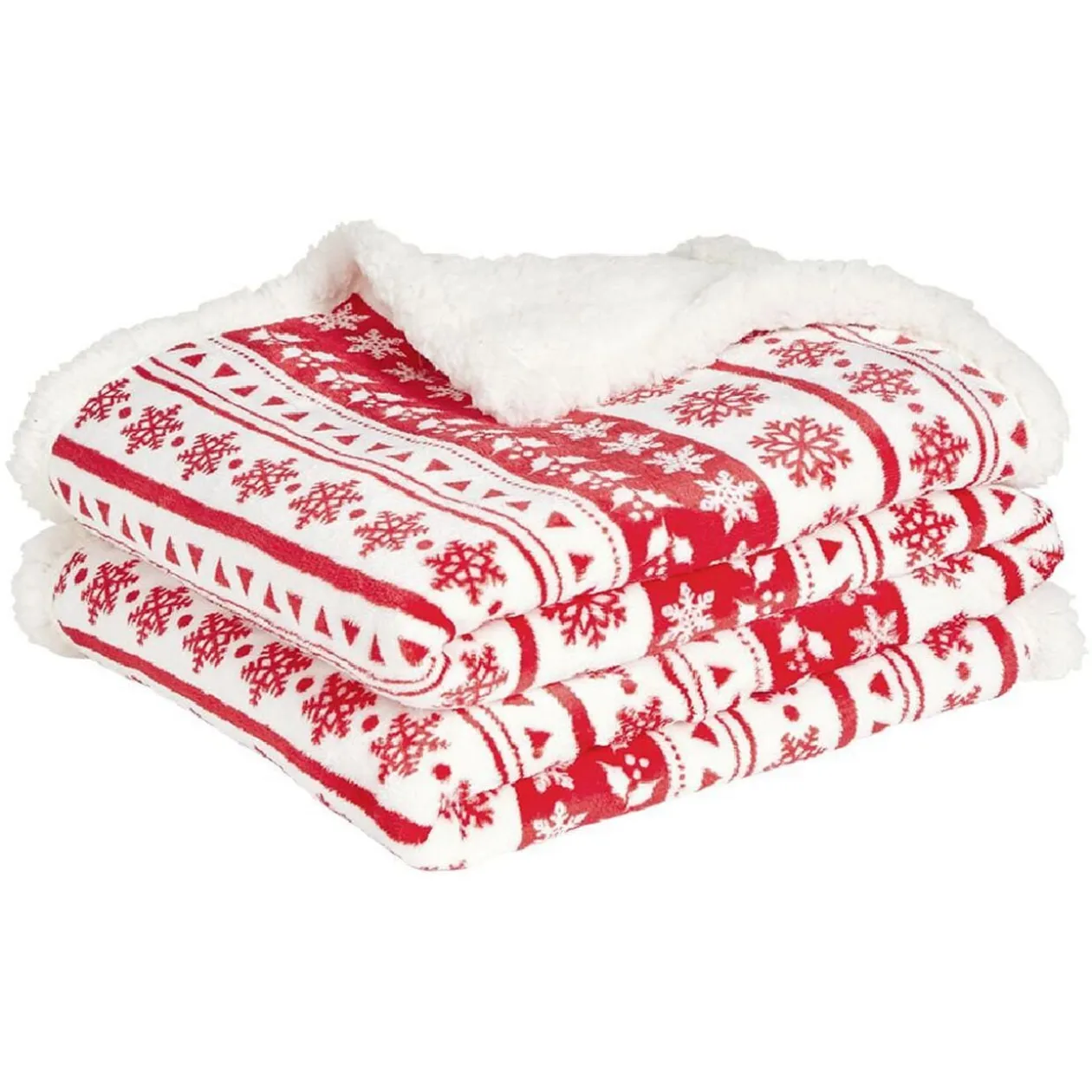 Plaid imprimé flocon Noël rouge blanc dos sherpa 120x150cm