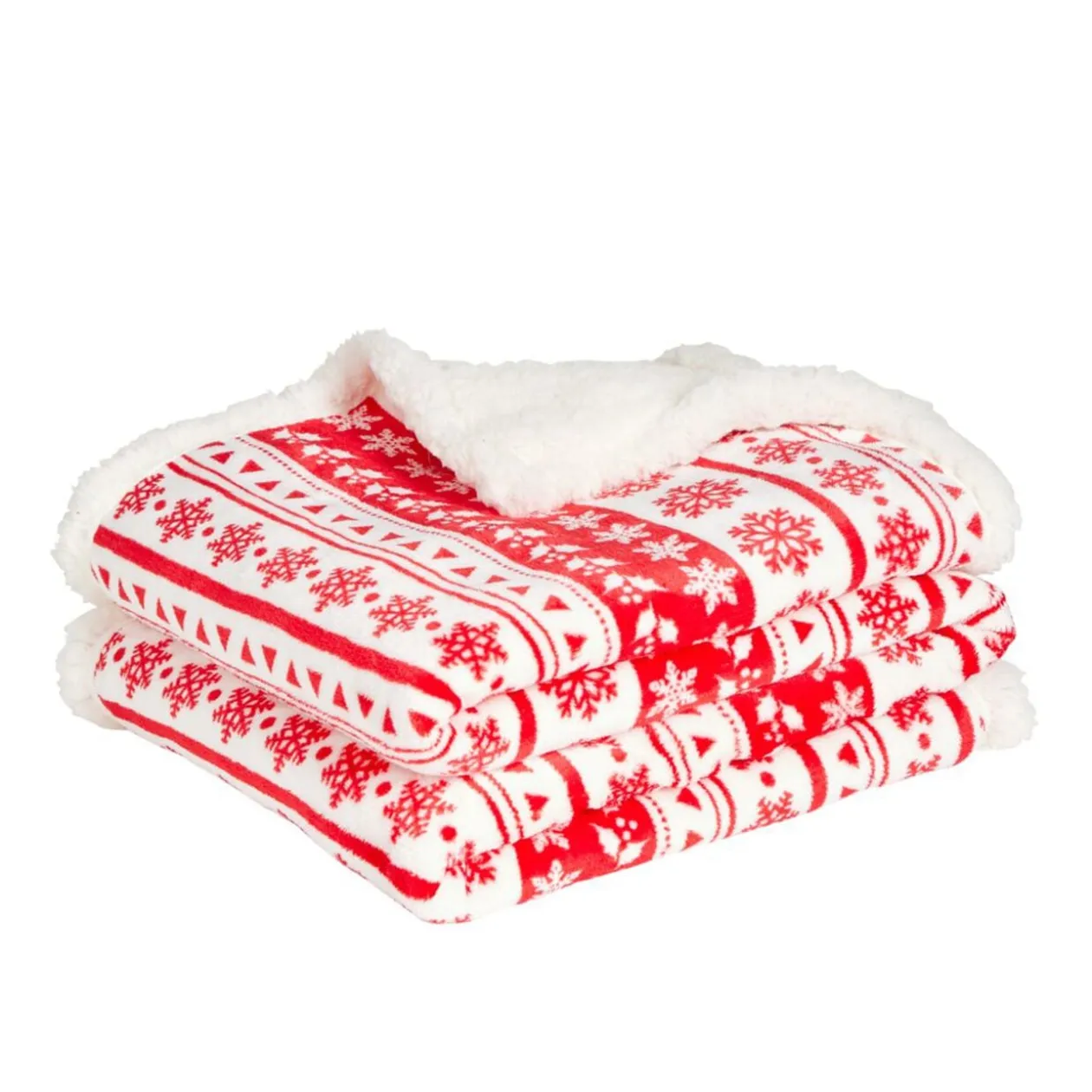 Plaid imprimé flocon Noël rouge blanc dos sherpa 120x150cm