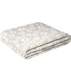 Plaid polaire gris doux motif marguerites 130x160cm