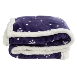 Plaid sherpa Noël flanelle motif flocon bleu et blanc 120x150cm