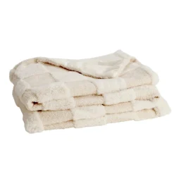 Plaid Teddy fourrure beige et blanc 130x190cm (2 modèles damier ou rayures)