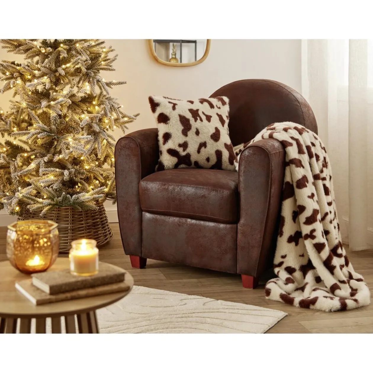 Plaid 130x160cm aspect fourrure motif vache blanc et marron