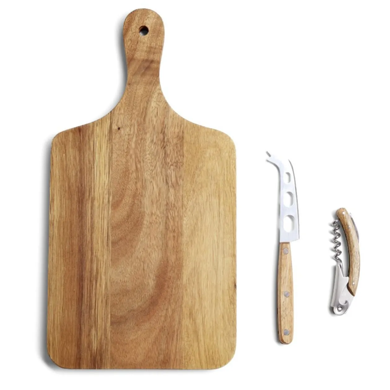 Planche de présentation avec couteau et tire-bouchon acacia 37x19cm