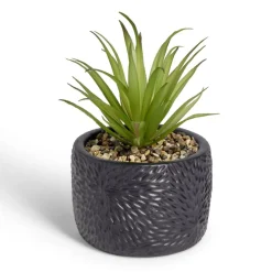Plante artificielle verte pot ciment relief noir Ø10xH17cm