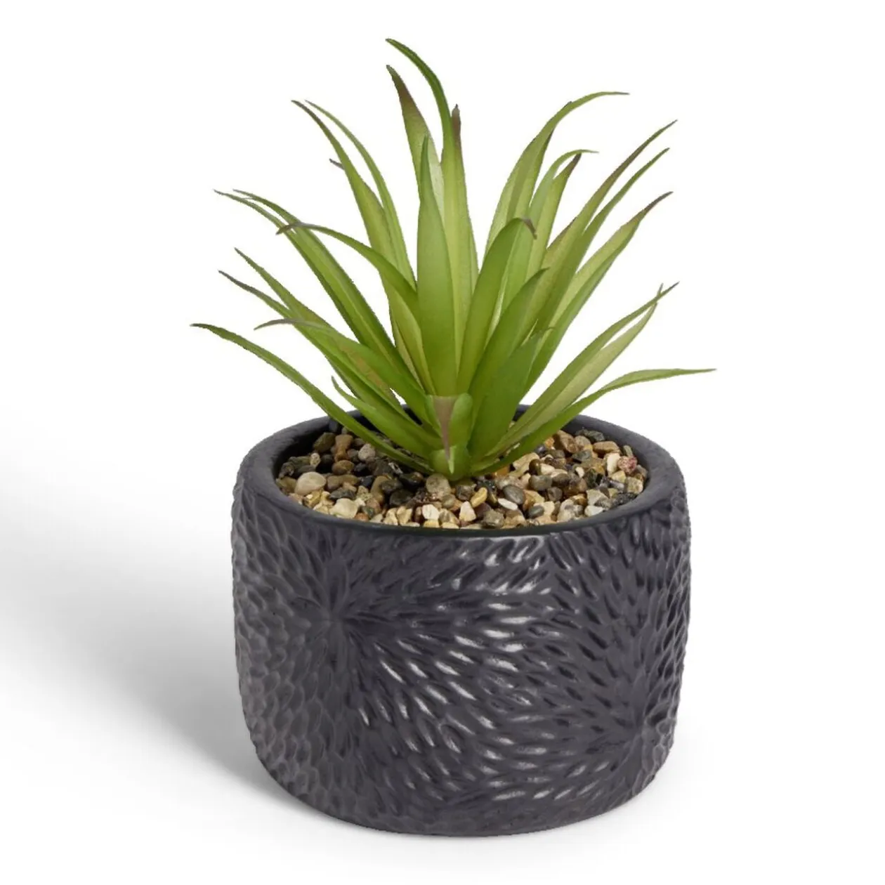 Plante artificielle verte pot ciment relief noir Ø10xH17cm