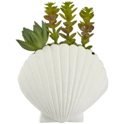 Plante grasse artificielle pot ciment forme coquillage blanc H15,5cm (2 modèles)