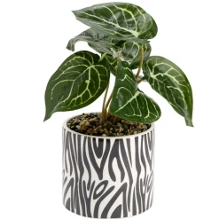 Plante verte artificielle dans pot dolomite blanc à motif noir Ø12xH24cm (2 modèles) < Gifi Outlet
