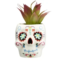 Plante verte artificielle Halloween Calavera pot céramique blanc Ø8xH12cm (2 modèles)