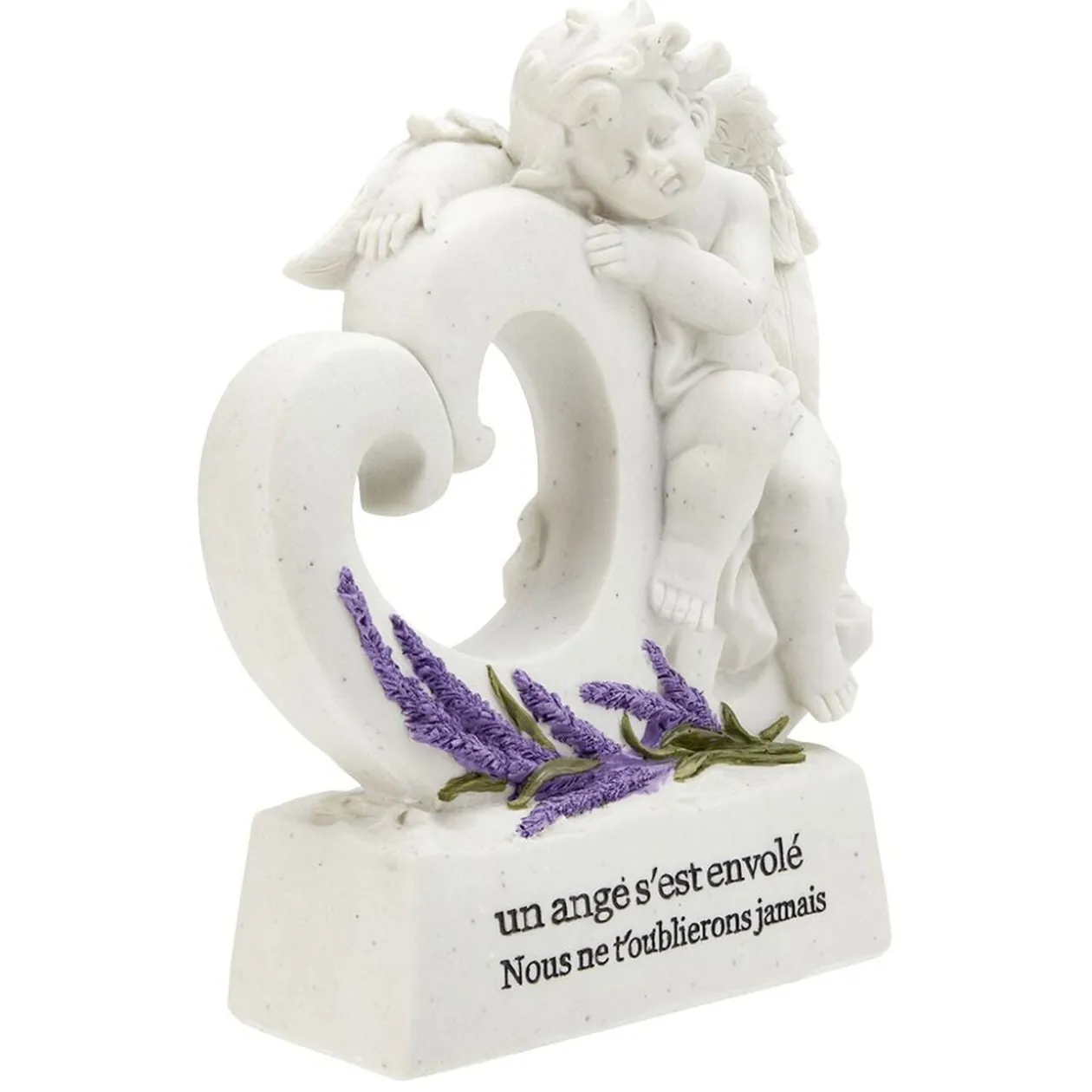 Plaque funéraire Ange+coeur sur socle motif lavande