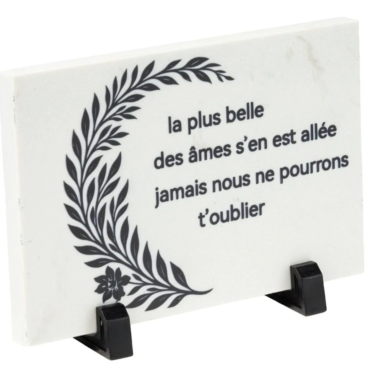 Plaque funéraire inscription et déco branche granit et pied métal 18x8,5xH12,5cm