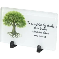 Plaque funéraire inscription arbre de vie verre blanc pied métal 20x8,3xH12,5cm