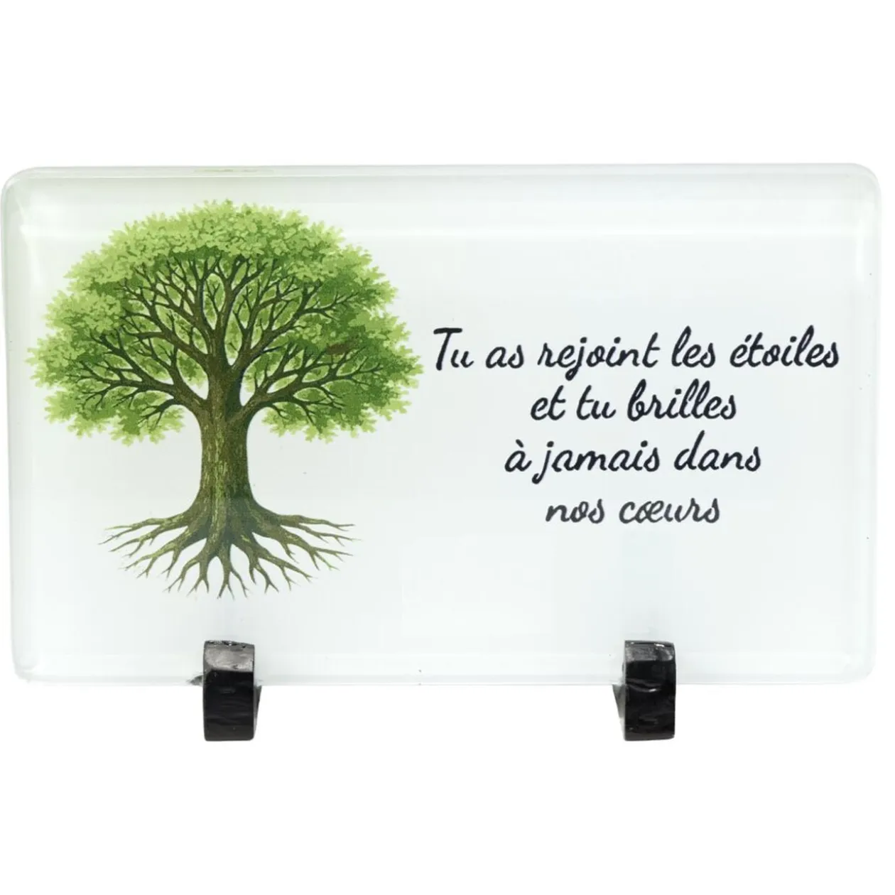 Plaque funéraire inscription arbre de vie verre blanc pied métal 20x8,3xH12,5cm