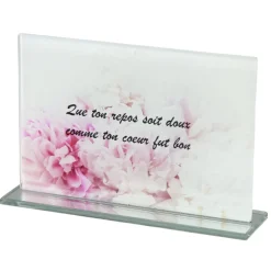 Plaque funéraire inscription rectangulaire en verre rose et blanc 16x3,5xH10,5cm < Gifi Clearance