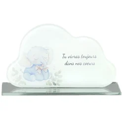 Plaque funéraire inscription enfant éléphant forme nuage verre bleu 16x3,5H9,5cm