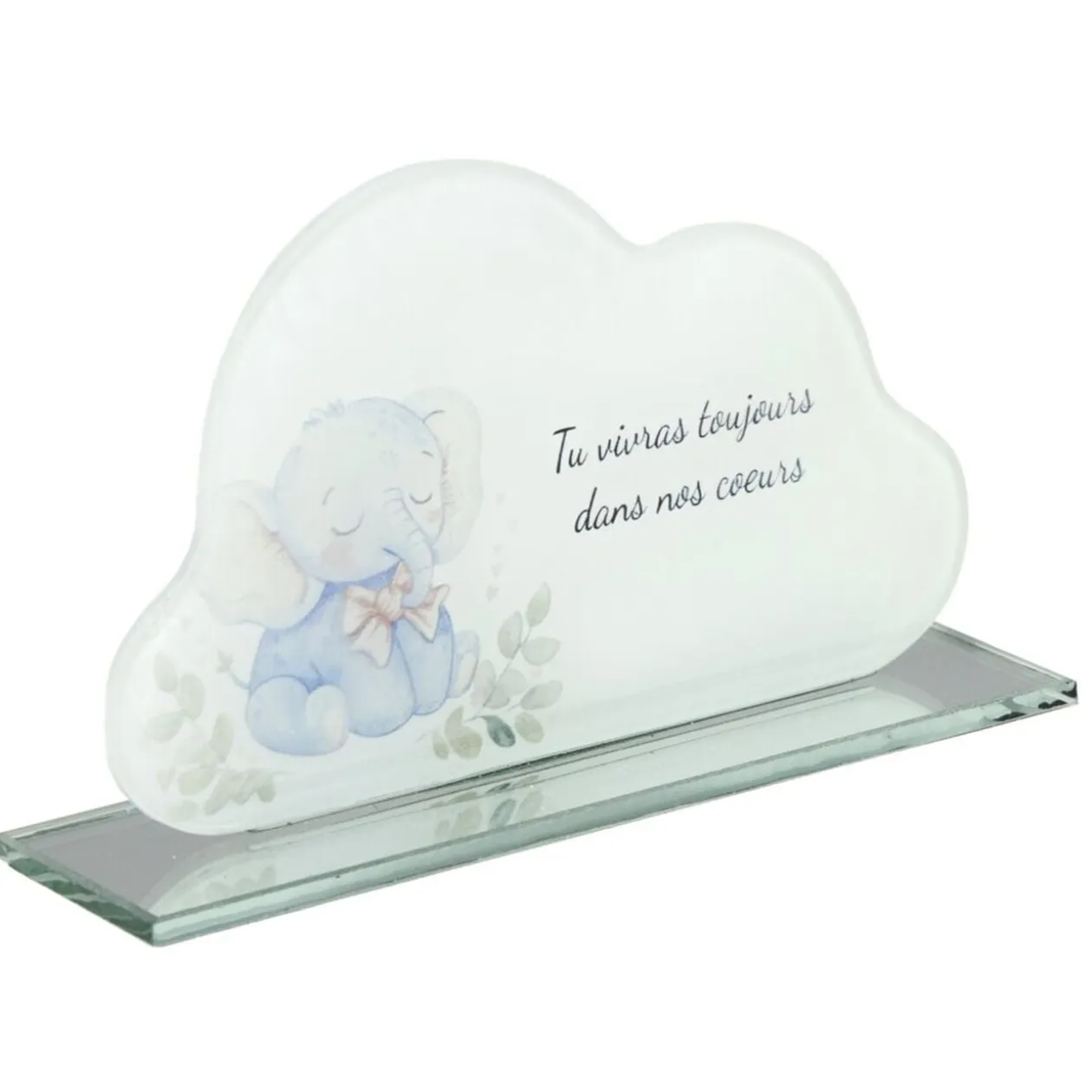 Plaque funéraire inscription enfant éléphant forme nuage verre bleu 16x3,5H9,5cm