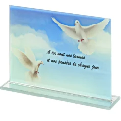 Plaque funéraire rectangulaire en verre décor oiseau et ciel bleu 16x3,5xH10,5cm
