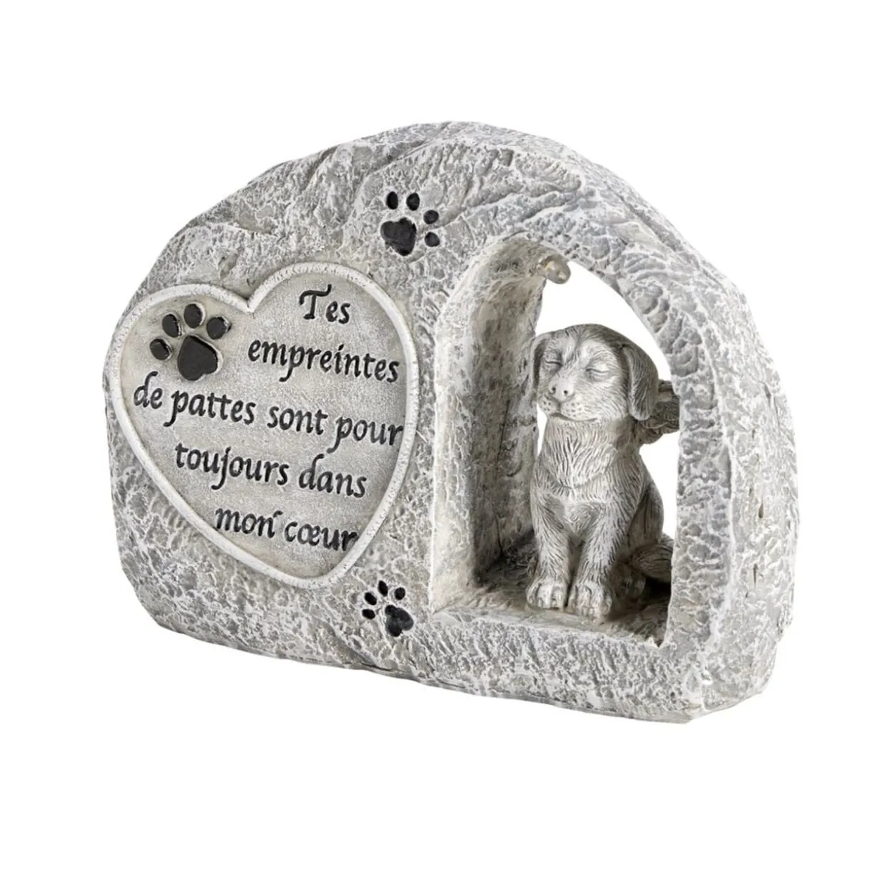 Plaque funéraire solaire LED avec chien polyrésine gris 15x5xH11,5cm