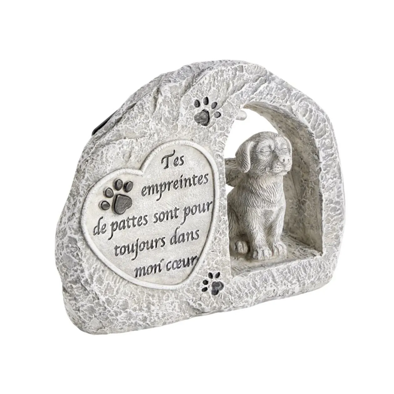 Plaque funéraire solaire LED avec chien polyrésine gris 15x5xH11,5cm