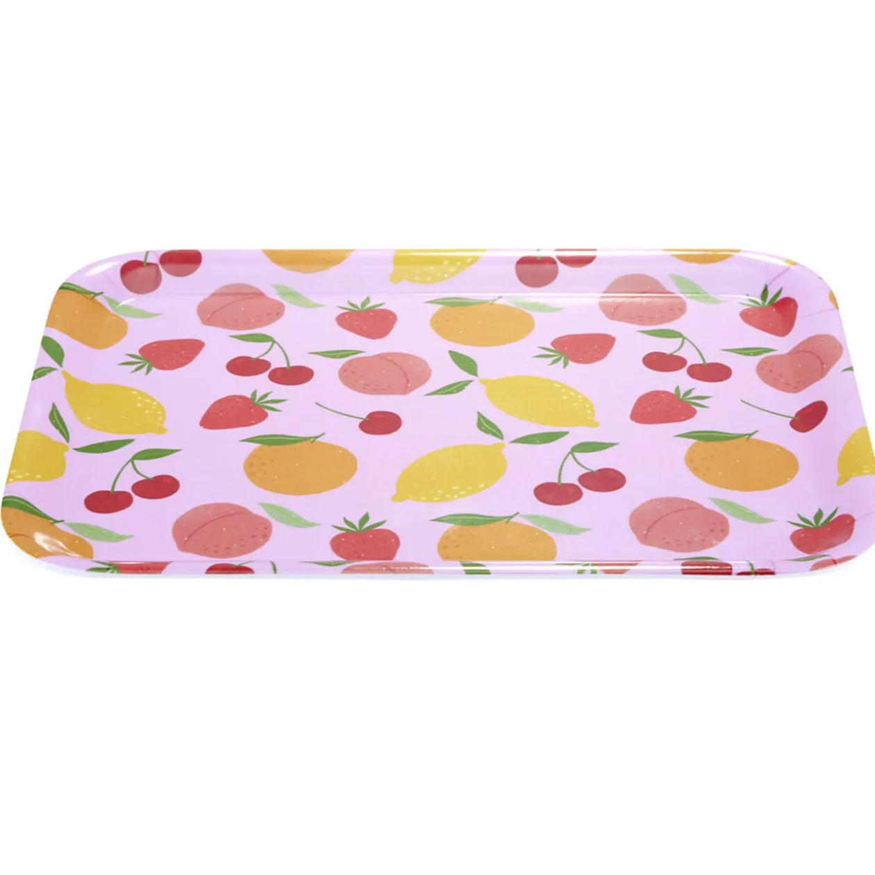 Plateau en mélaminé rose motifs fruits 29x22xH1,5cm