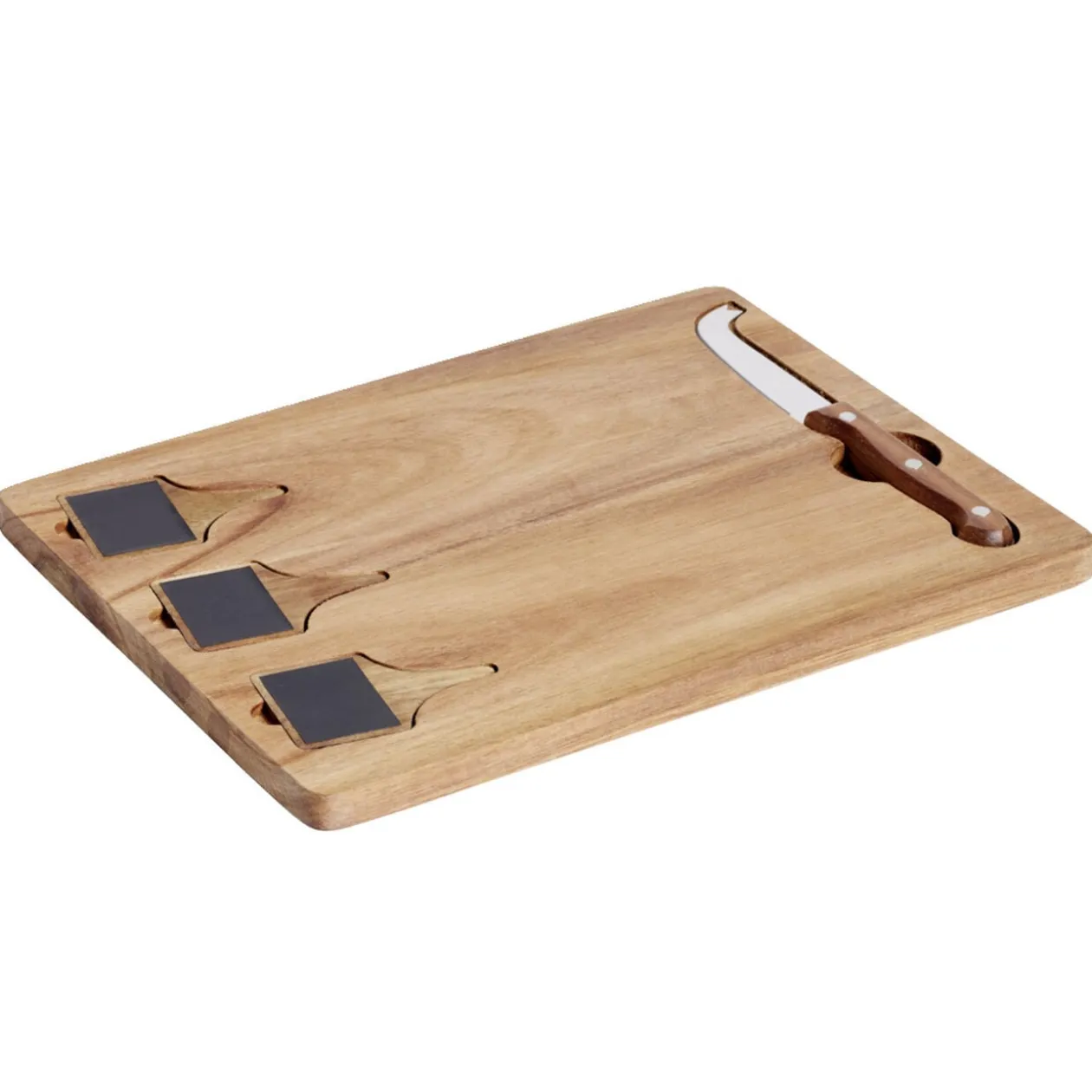 Plateau à fromage en bois avec couteau et 3 pancartes