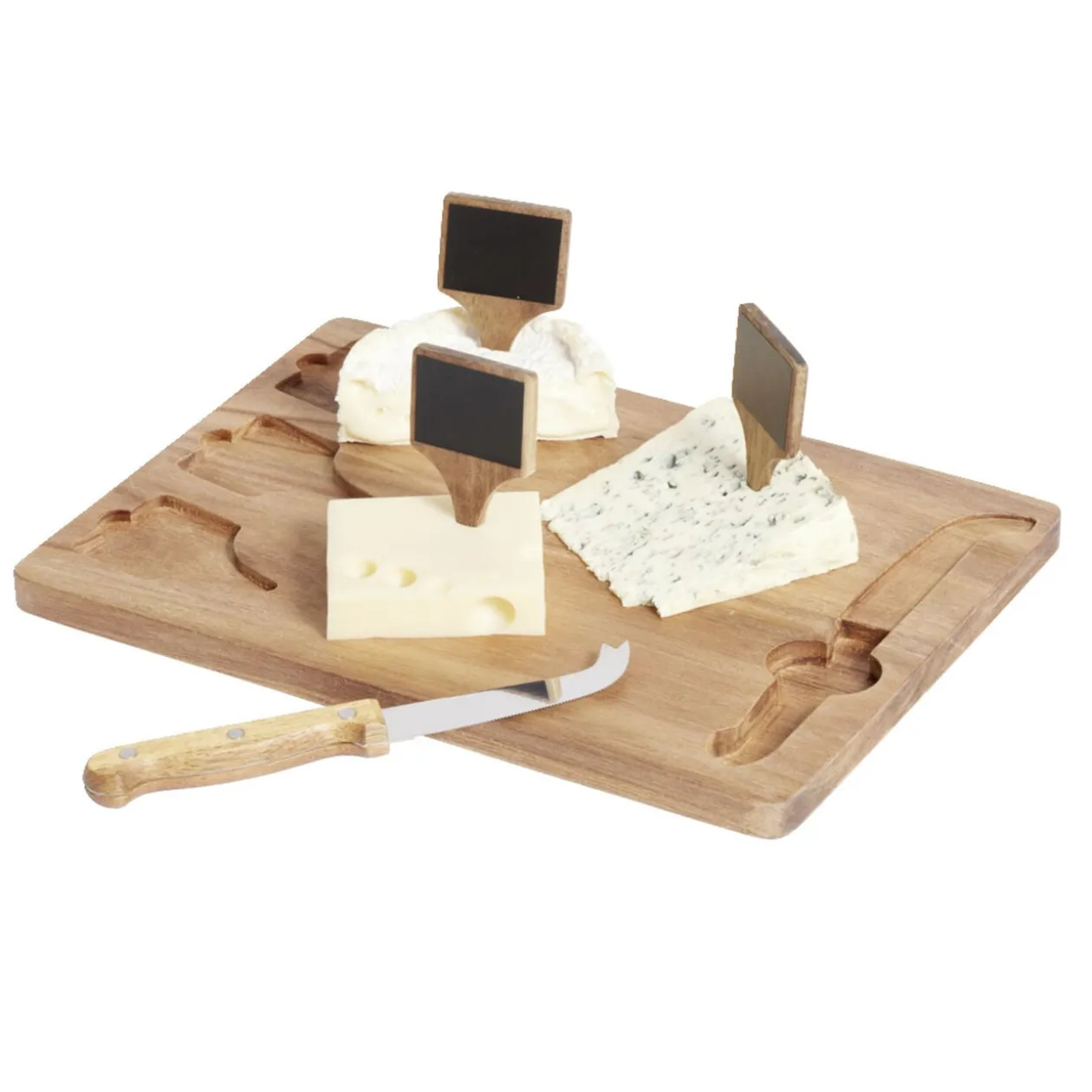 Plateau à fromage en bois avec couteau et 3 pancartes