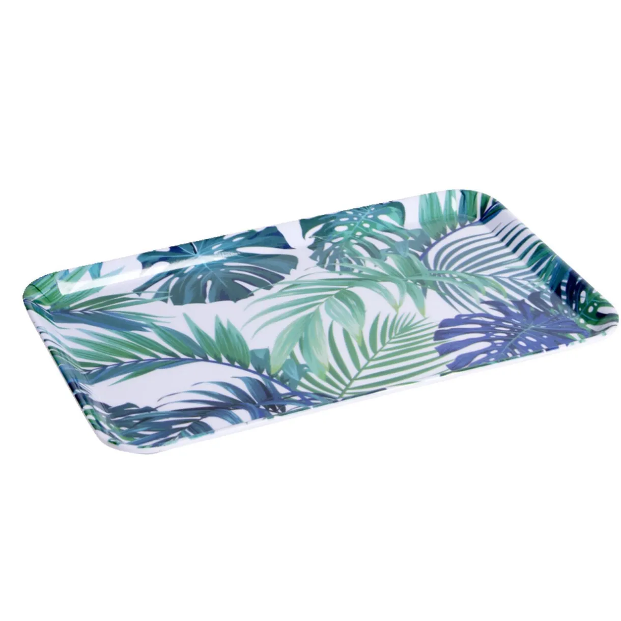 Plateau rectangulaire mélaminé feuillage exotique blanc et bleu 19x30cm < Gifi Best