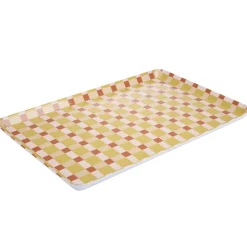 Plateau rectangulaire mélaminé damier irrégulier orange et rose 29,5x45,5cm