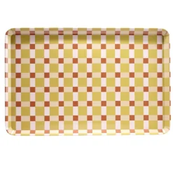 Plateau rectangulaire mélaminé damier irrégulier orange et rose 29,5x45,5cm