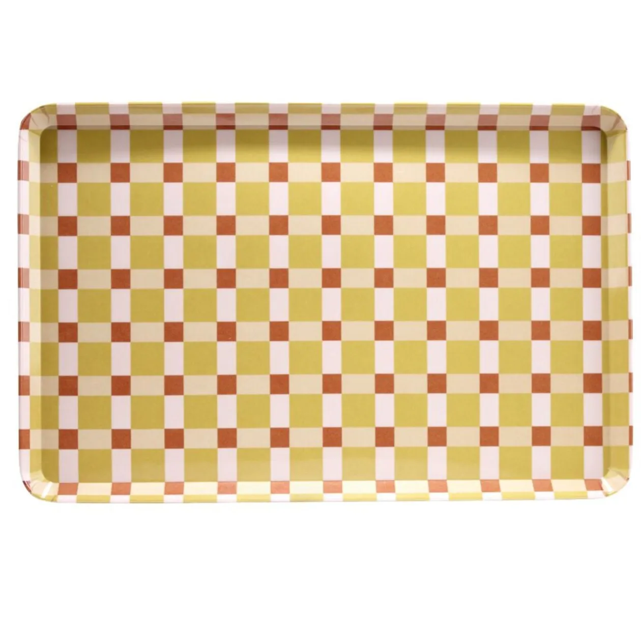 Plateau rectangulaire mélaminé damier irrégulier orange et rose 29,5x45,5cm