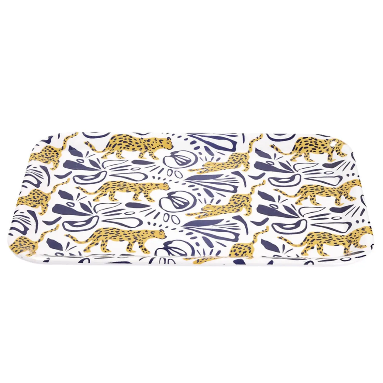 Plateau rectangulaire motif léopard blanc et bleu 27x38cm
