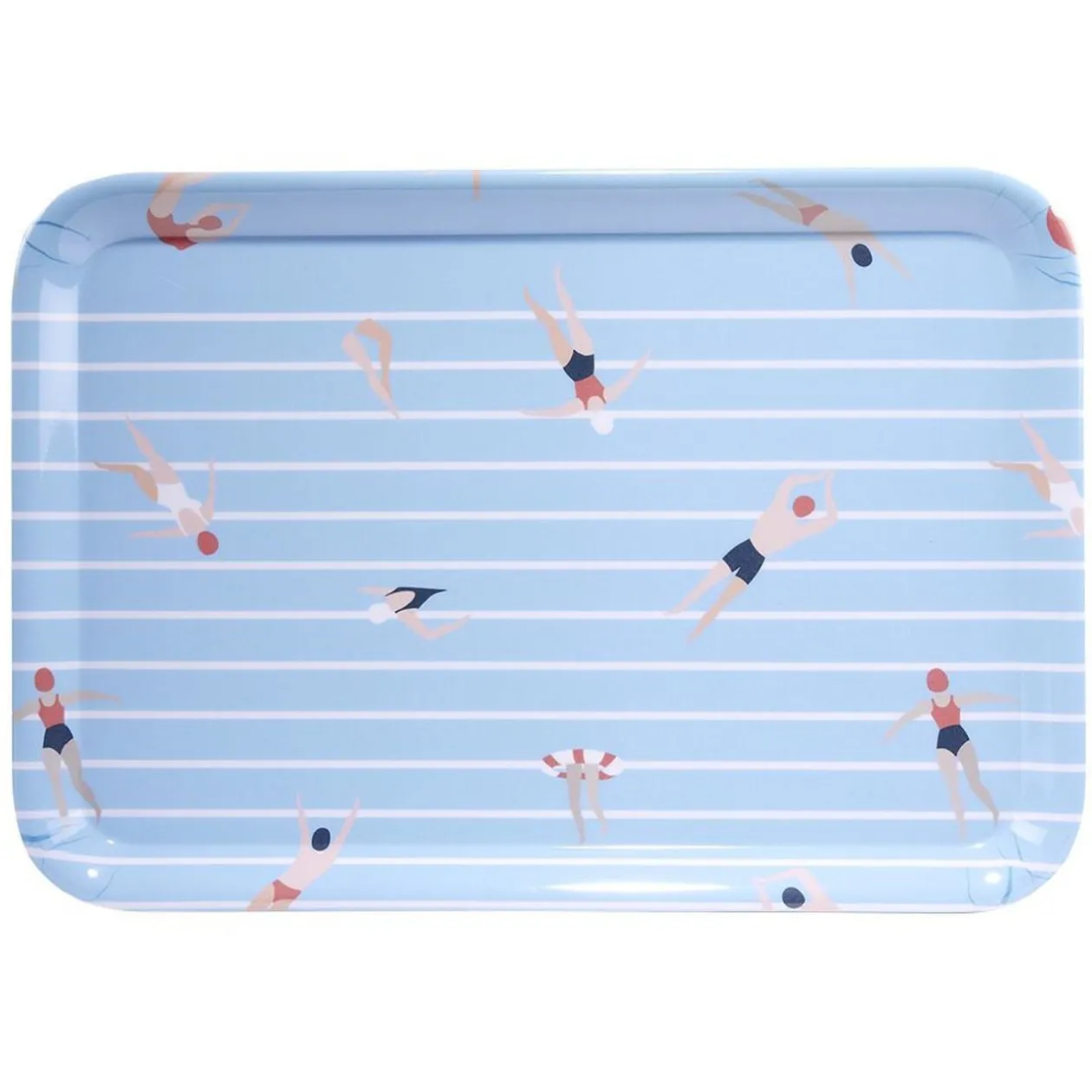 Plateau rectangulaire rayé bleu blanc motif nageur - plastique 45x31cm