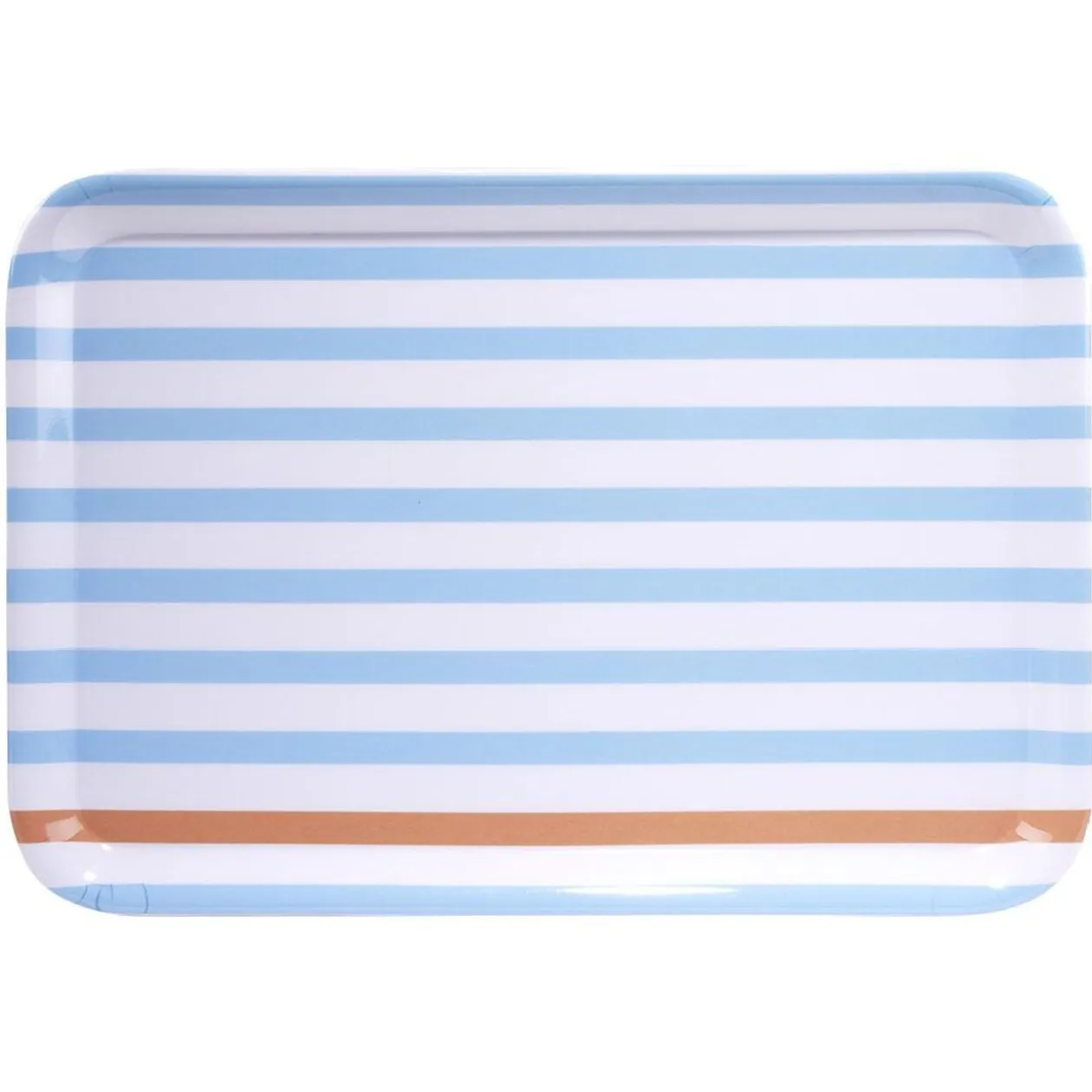 Plateau rectangulaire rayé bleu blanc liseré orange plastique 45x31cm