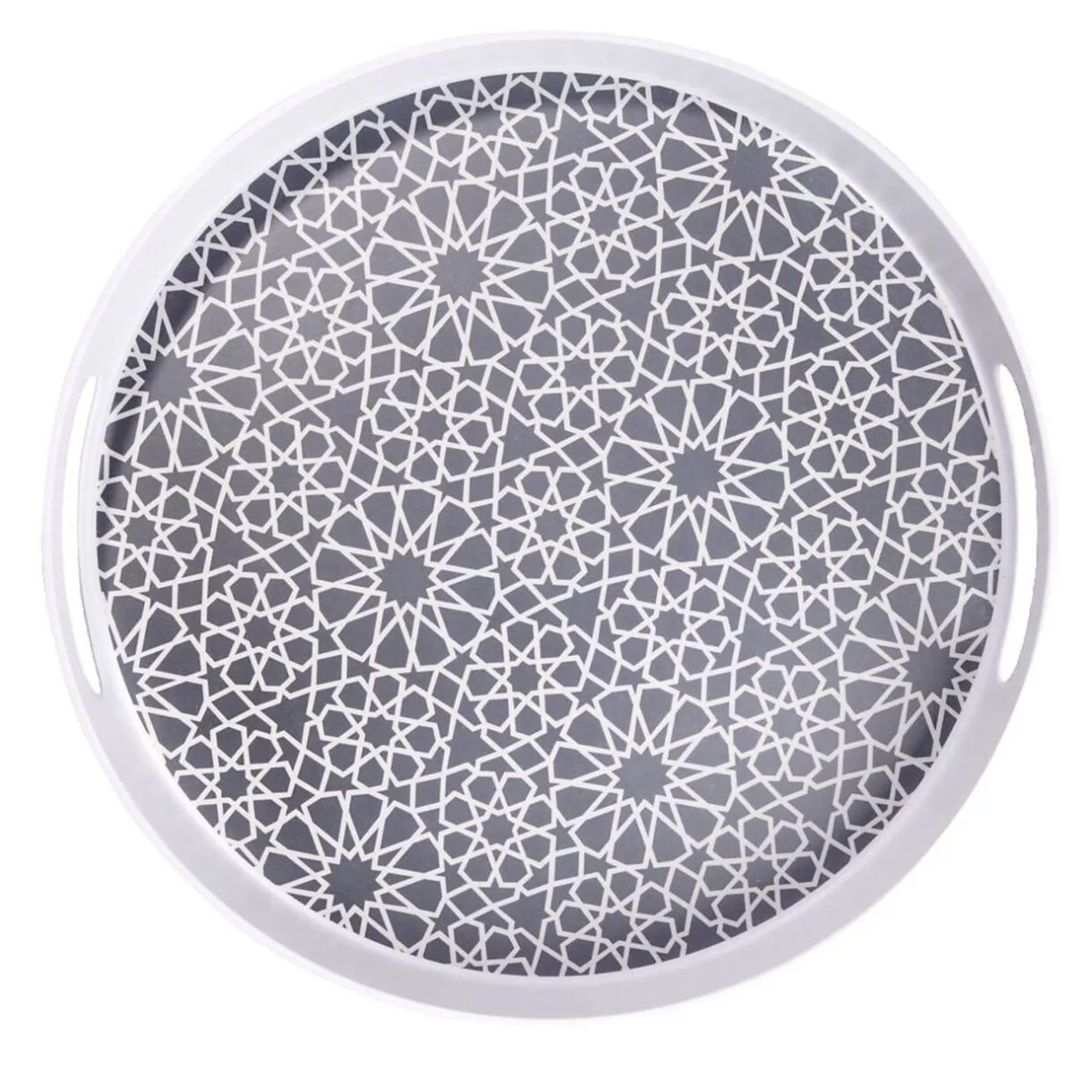 Plateau rond mélaminé motif géométrique blanc et bleu Ø34,5xH5cm < Gifi Clearance