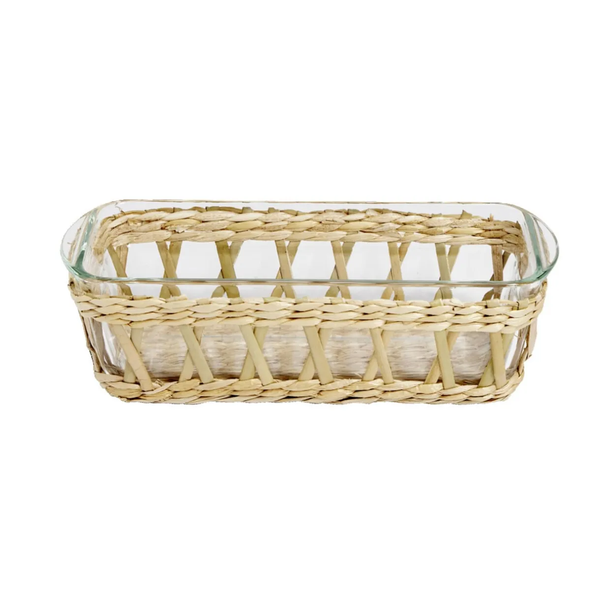 Plat à four en verre transparent et déco raphia beige 28x11,5xH8,5cm < Gifi Outlet