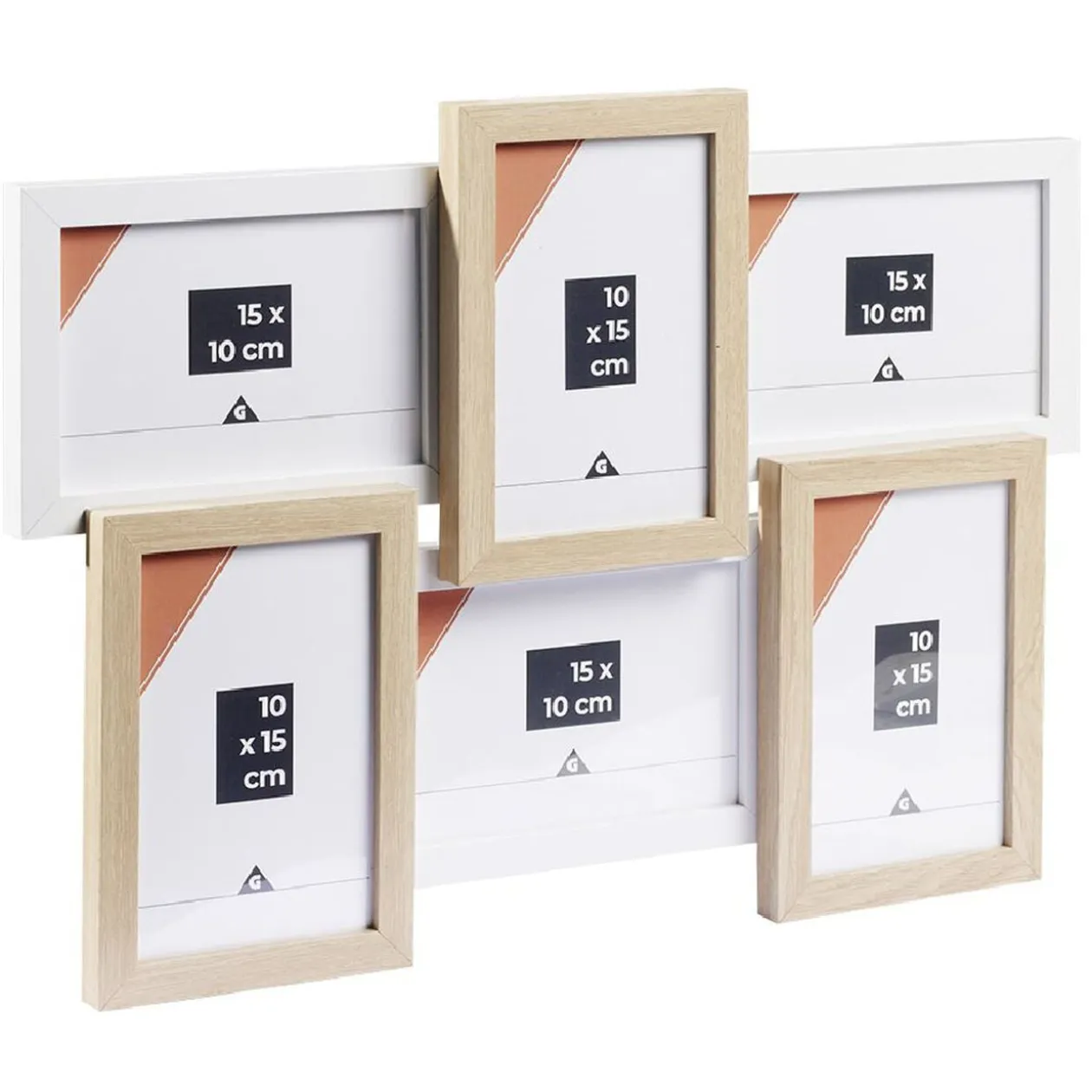Pêle-mêle cadre bois beige et blanc 30.5x44.5cm 6 vues 10x15cm