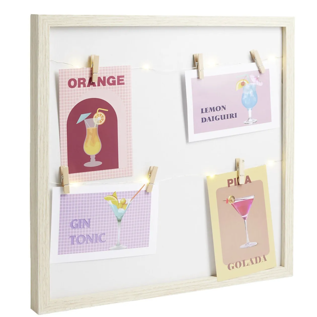 Pêle mêle photo cadre bois 2 fils LED avec pinces 38x38cm