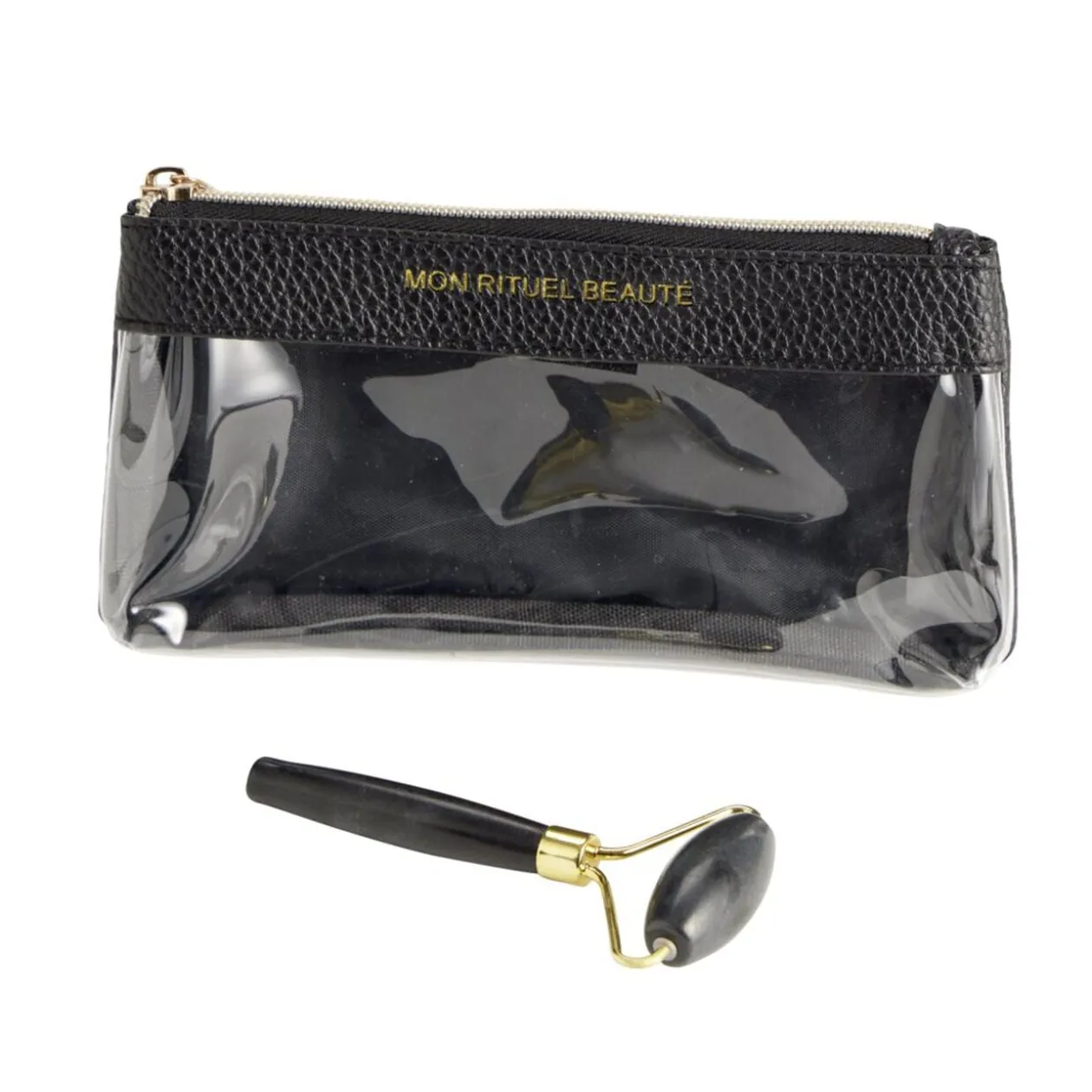 Pochette maquillage avec roll on pierre jade noir et doré L18cm