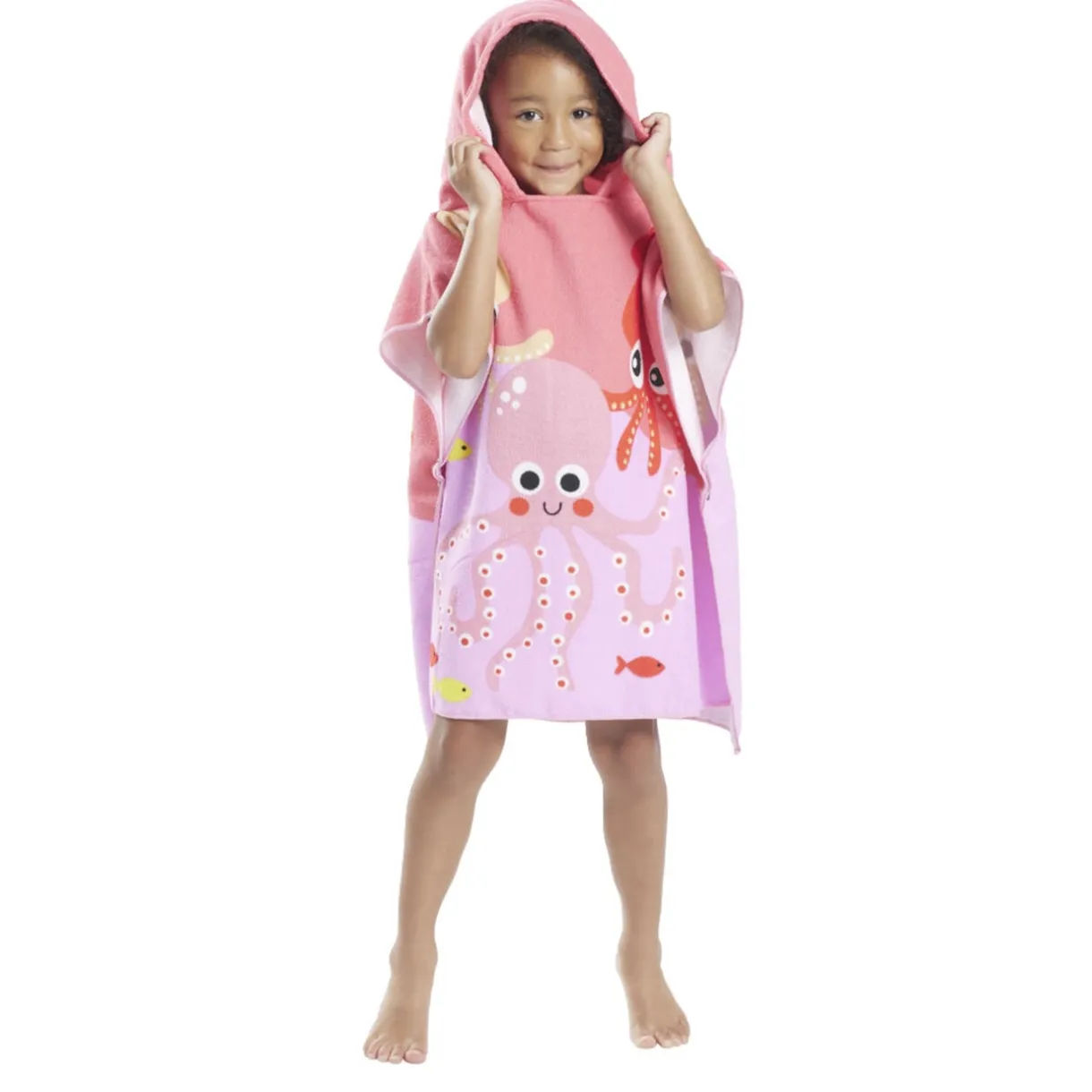 Poncho capuche sortie de plage enfant motif poulpe rose 60x60xH120cm < Gifi Hot