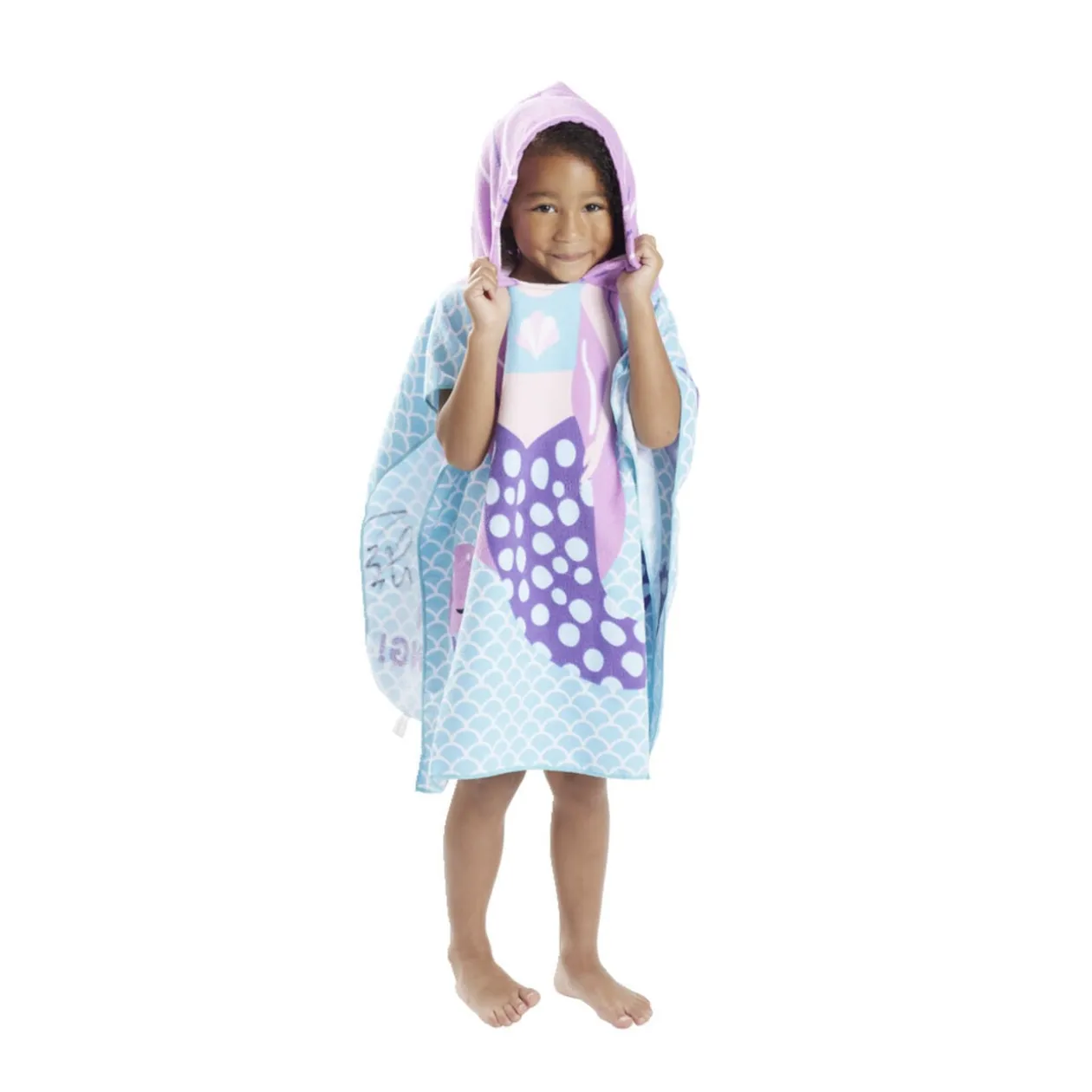 Poncho capuche sortie de plage enfant motif sirène bleu 60x60xH120cm