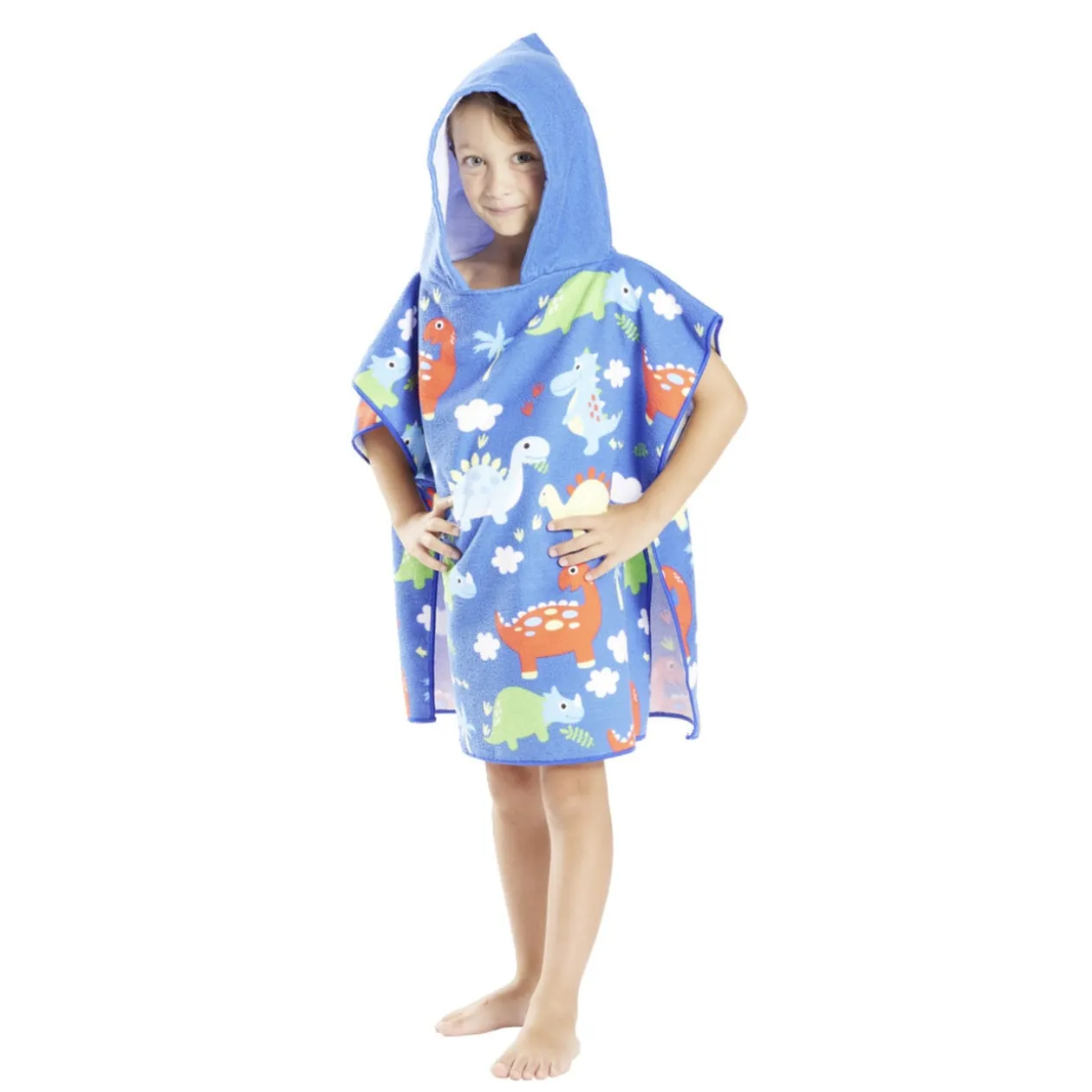 Poncho capuche sortie de plage enfant motif dino bleu 60x60xH120cm