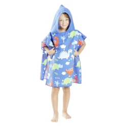 Poncho capuche sortie de plage enfant motif dino bleu 60x60xH120cm