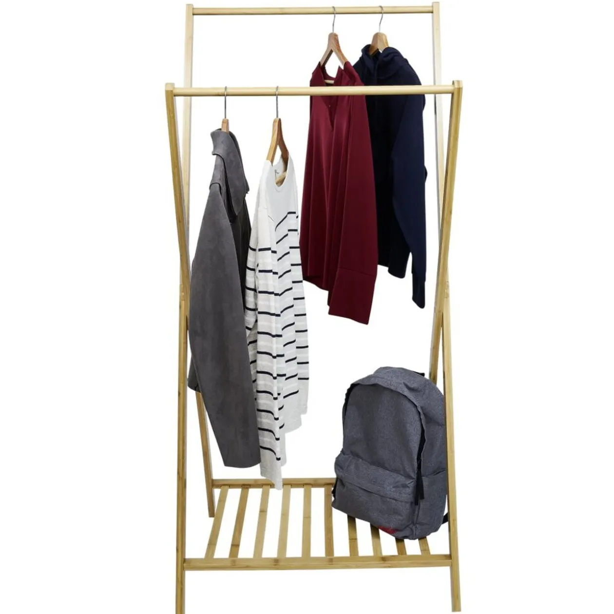 Portant double en bambou avec étagère pour accessoires 70x55xH150cm