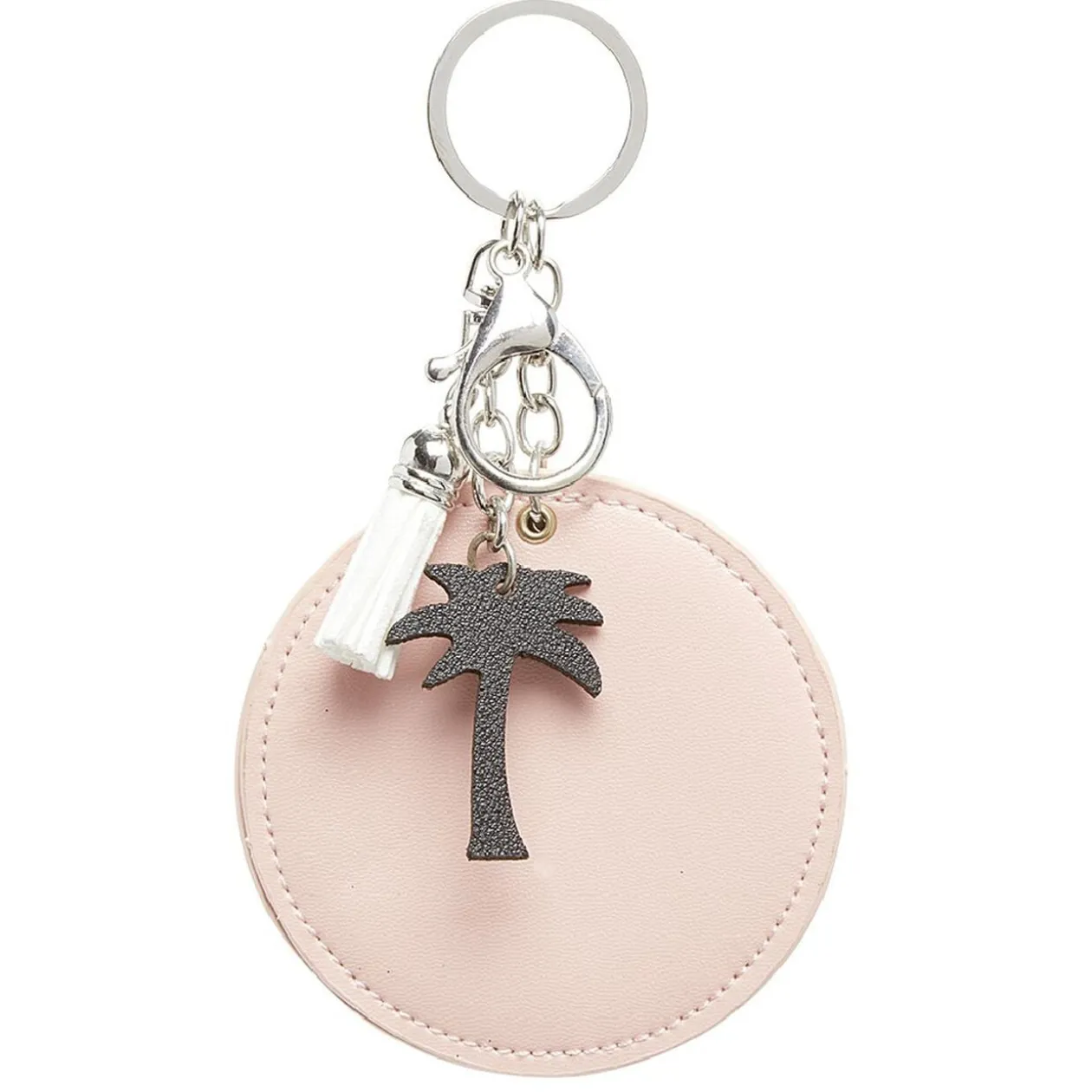 Porte-clé miroir décor palmier avec pompon rose ou beige