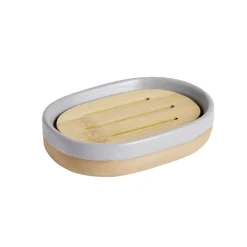 Porte savon bois et céramique bleue 8x12,5cm